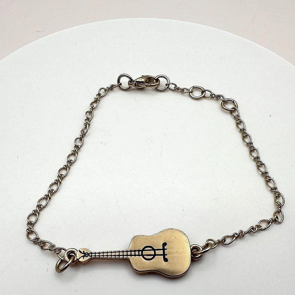 Vintage 90s Gold Tone Acoustic Guitar Charm Bracelet Music Lover Musican Jewelry